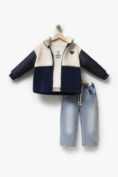 Erkek Çocuk Peluş Ceketli Baskılı Sweatshirt ve Bol Paça Jean Pantolon 3’lü Takım 8301 WNT - LACİVERT