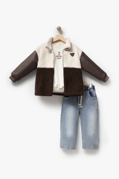 Erkek Çocuk Peluş Ceketli Baskılı Sweatshirt ve Bol Paça Jean Pantolon 3’lü Takım 8301 WNT - KAHVERENGİ