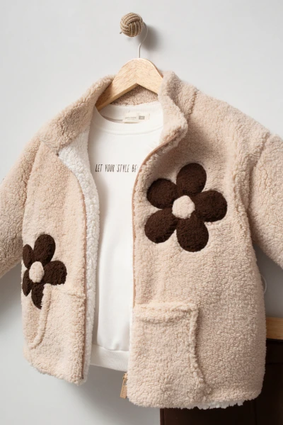 Kız Çocuk Çiçek Detaylı Peluş Ceketli Baskılı Sweatshirt ve Bol Paça Pantolon 3’lü Takım 8309 WNT - BEJ
