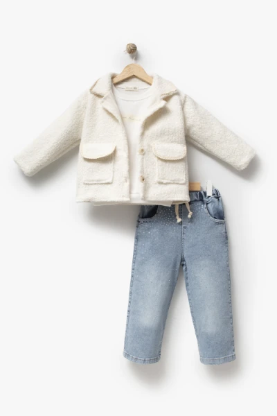 Kız Çocuk Dantel Biyeli Peluş Ceketli Baskılı Sweatshirt ve Taş Detaylı Bol Paça Jean Pantolon 3’lü Takım 8302 WNT - BEYAZ