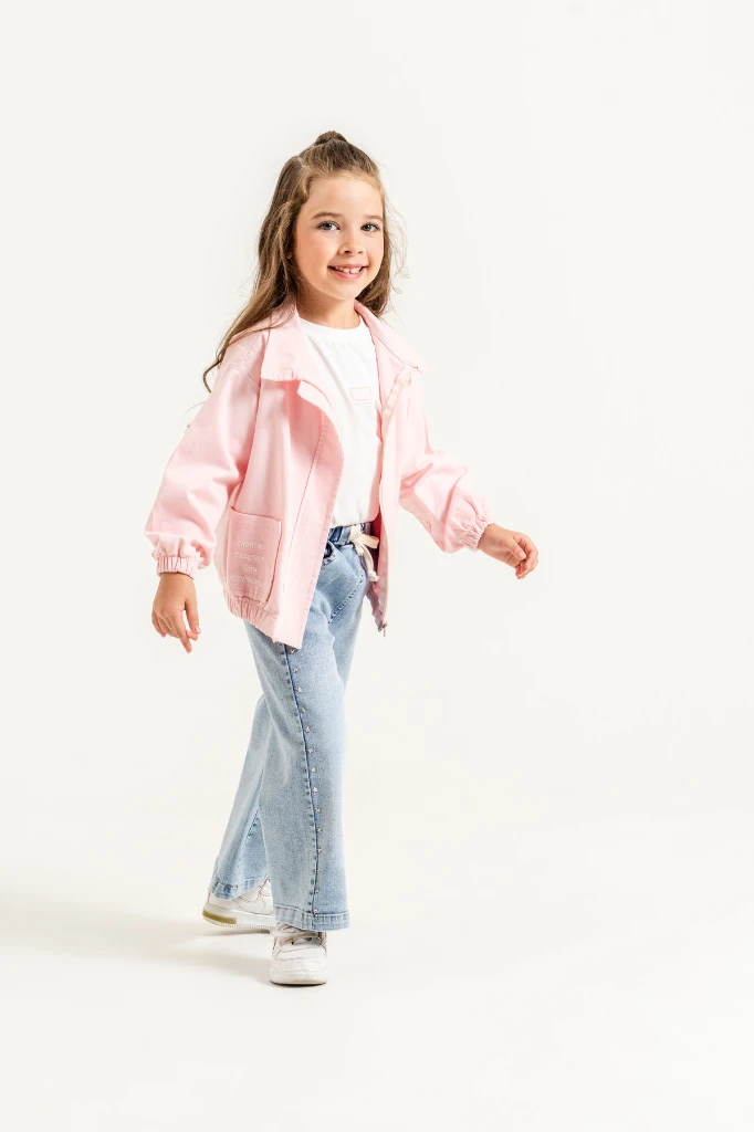 Kız Çocuk Ceketli Tişörtlü Yıldız Taş Detaylı Bol Paça Jean Pantolon 3’lü Takım 9103 - PEMBE